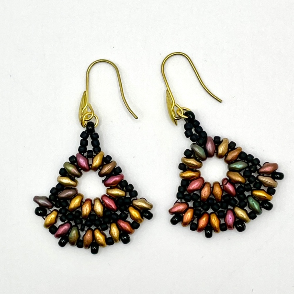 Hand Crafted Hand Stitched Czech Glass Beaded Fan Shape Pierced Drop Earrings
